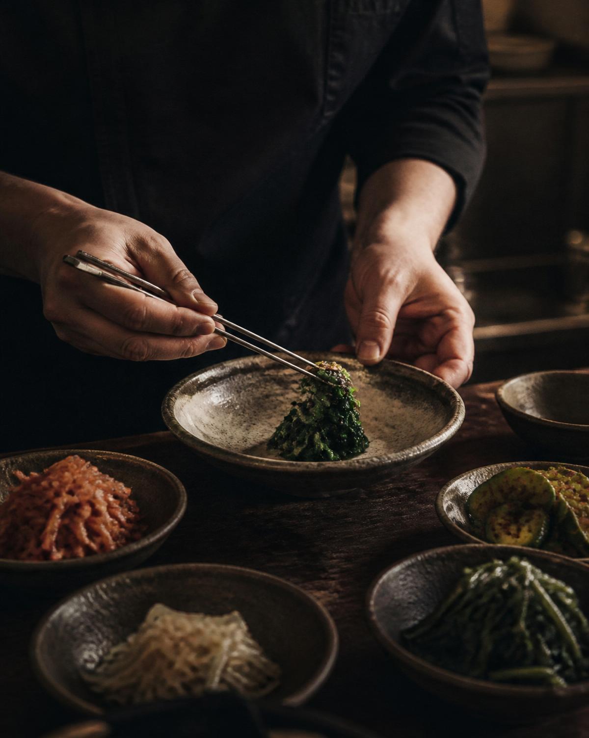 Chef plating banchan with chopsticks in a moody kitchen